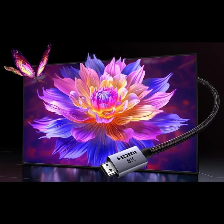 Wtyk HDMI 8K kabla UGREEN HD171 przy telewizorze z barwnym kwiatem