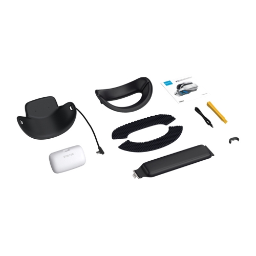 Zawartość zestawu BOBOVR P4U: pasek, akumulator B100, wkładki i kabel USB-C