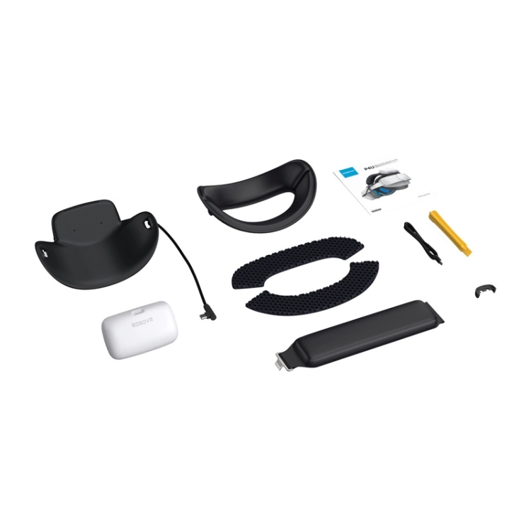 Zawartość zestawu BOBOVR P4U: pasek, akumulator B100, wkładki i kabel USB-C