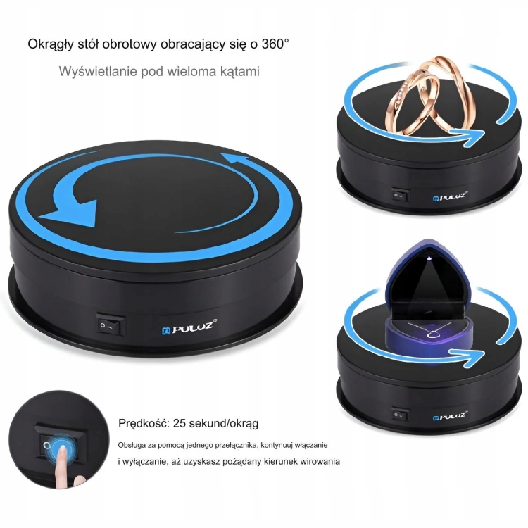Stolik obrotowy elektryczny PULUZ PU3048B z opisem obrotu o 360 stopni