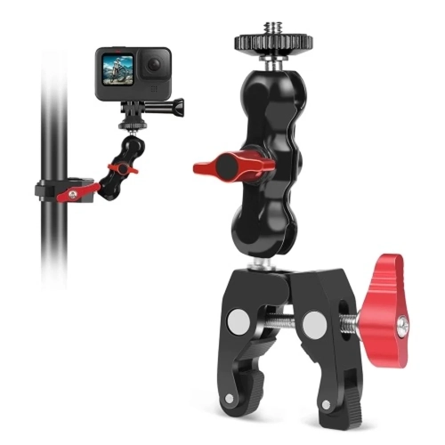 Ramię Magic Arm z zaciskiem Crab Clamp PULUZ PU3079R z kamerą sportową, czerwone pokrętła