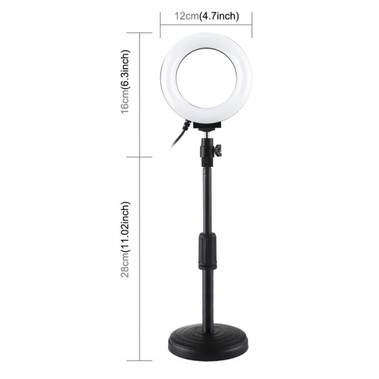 Lampa pierścieniowa LED PULUZ 12 cm z wymiarami pierścienia i statywu