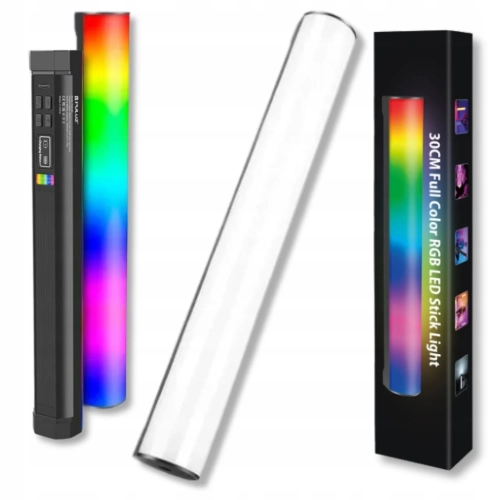Lampa LED RGB PULUZ PU4139 tuba 30 cm z białym i kolorowym światłem obok pudełka