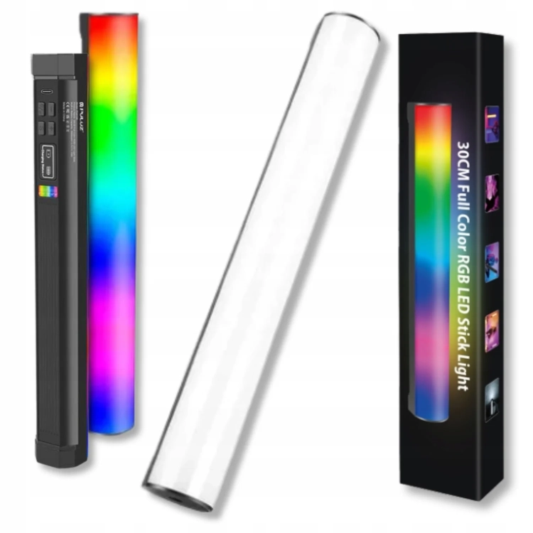 Lampa LED RGB PULUZ PU4139 tuba 30 cm z białym i kolorowym światłem obok pudełka