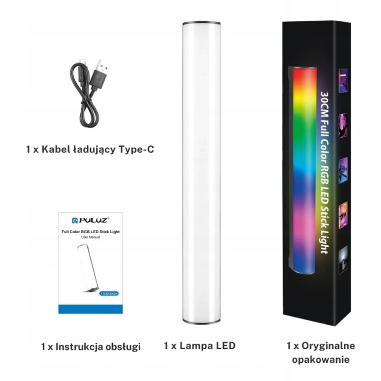 Lampa LED RGB PULUZ PU4139 tuba 30 cm zawartość zestawu z kablem USB-C