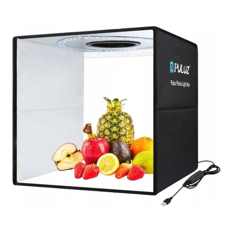 Namiot bezcieniowy PULUZ PU5041B 40 cm z owocami na białym tle i świecącą lampą