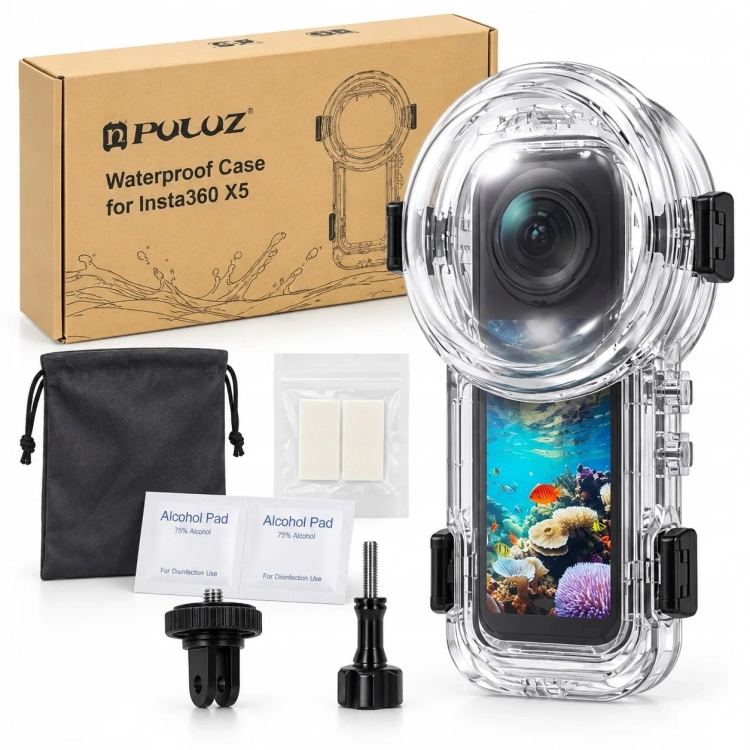 Obudowa wodoszczelna PULUZ PU760T do Insta360 X5 z kamerą, pudełkiem i akcesoriami