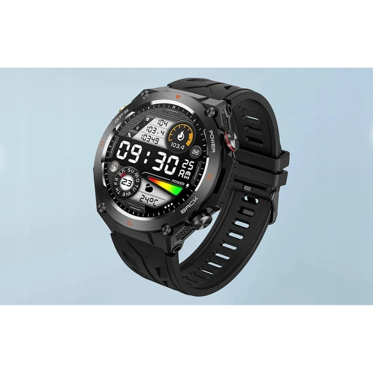 Smartwatch COLMI V75 czarny z cyfrową tarczą na jasnoniebieskim tle