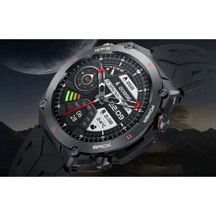 COLMI V75 czarny z tarczą outdoorową na tle gór nocą