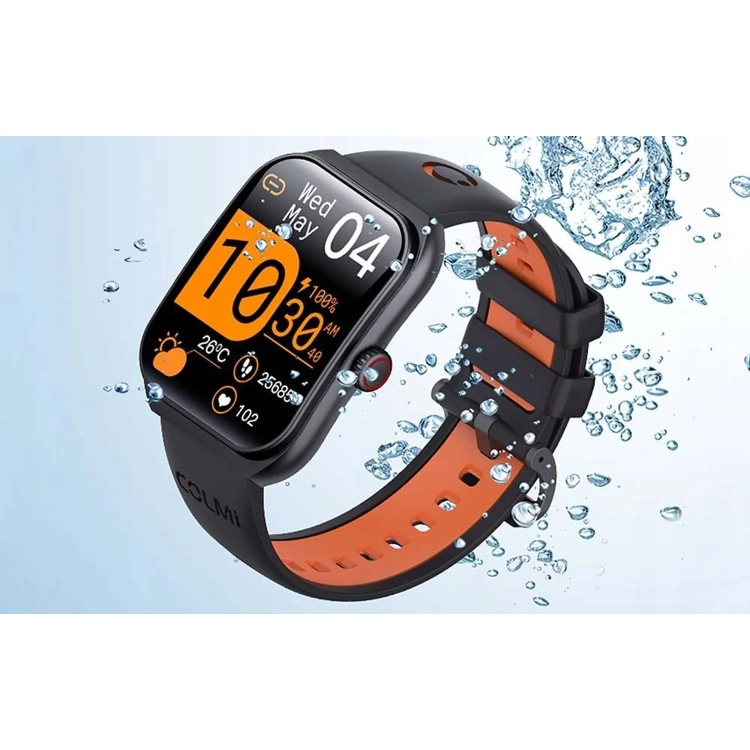 Czarny smartwatch COLMI P86 w kroplach wody, odporność 1 ATM
