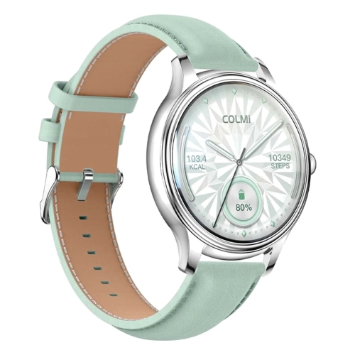 Smartwatch COLMI L28 srebrny z zielonym skórzanym paskiem