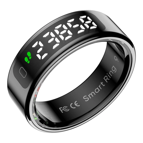 Smartring COLMI R12 czarny pod kątem, wyświetlacz z krokami