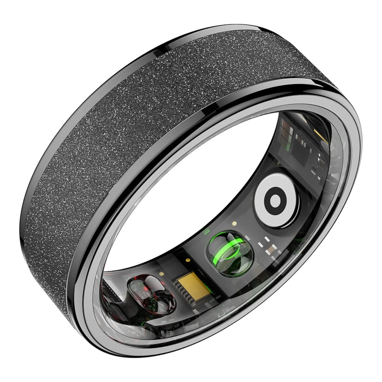 Czarny smartring COLMI R10 pod kątem, piaskowana stalowa obręcz