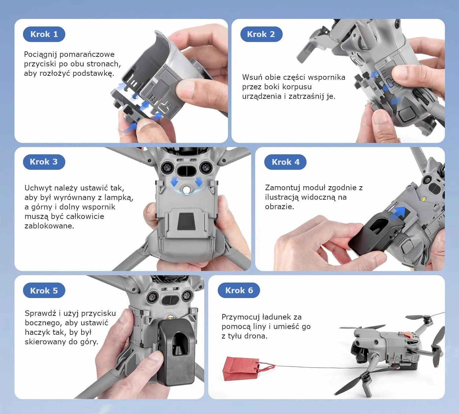 Montaż systemu zrzutu STARTRC do DJI Mini 5 Pro z blokadami stabilizującymi