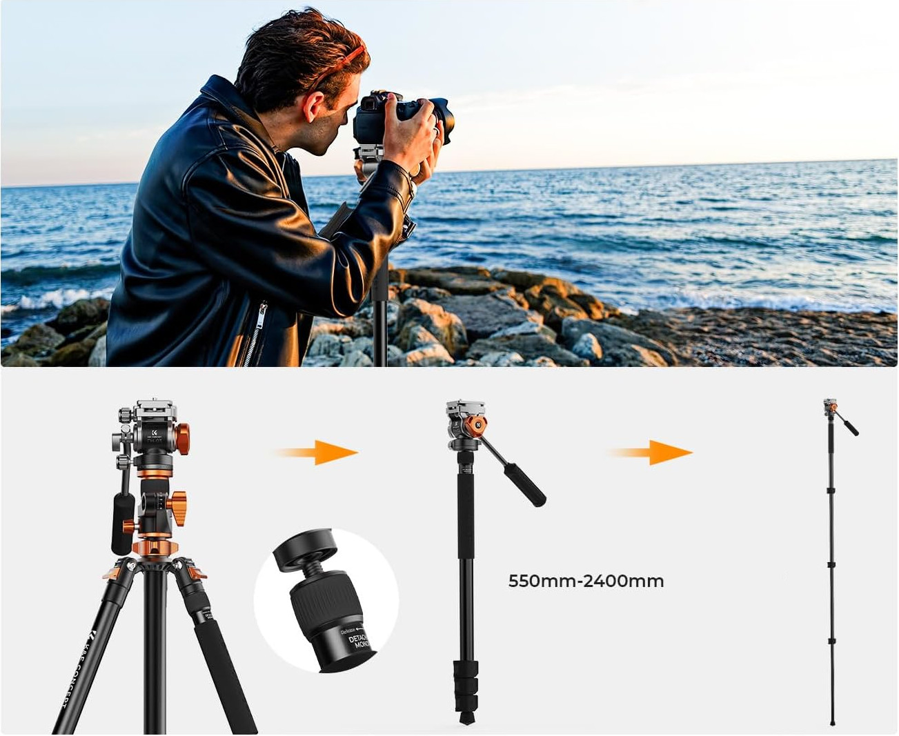 Odłączany monopod w statywie fotograficznym K&F Concept o wysokości do 2,4 m