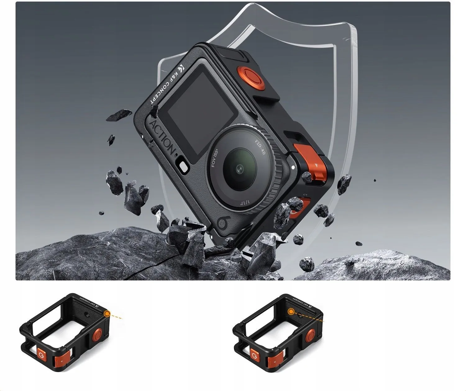 Pełny dostęp do portów przycisków i baterii DJI Osmo Action 6 w ramce K&F CONCEPT