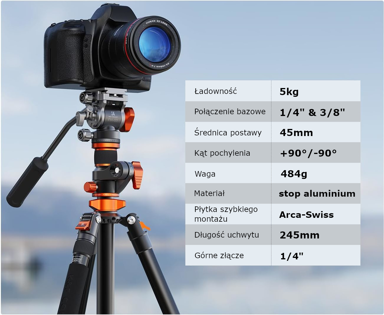 Skala panoramiczna 360 stopni w głowicy statywu K&F Concept