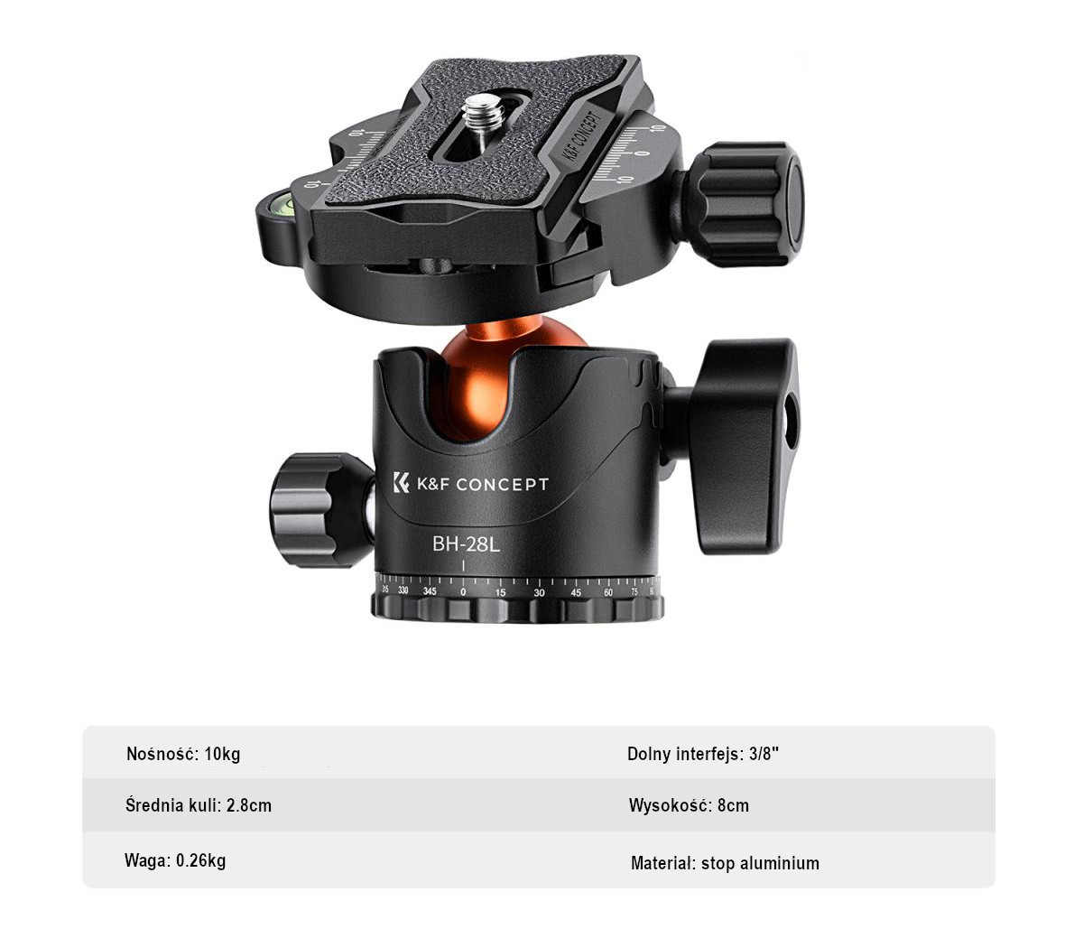 Metalowa głowica kulowa 28 mm w statywie K&F Concept K234A7