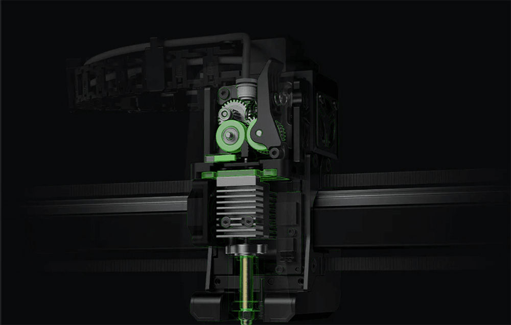 Zbliżenie mechanizmu ekstrudera drukarki 3D Creality K2 Pro.