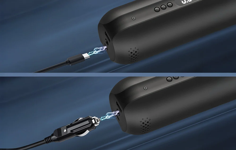 Grafika prezentująca dwa awaryjne warianty zasilania pompki elektrycznej – przez port USB-C i gniazdo DC.