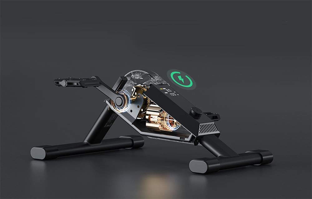 Zoptymalizowany mini rower rehabilitacyjny z widocznymi mechanizmami silnika zasilania na ciemnym tle.