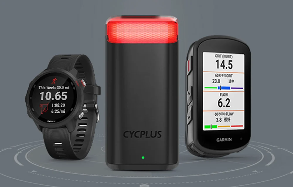 Lampka radarowa Cycplus sparowana z nowoczesnym licznikiem rowerowym i sportowym zegarkiem GPS.