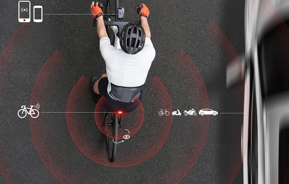 Graficzna ilustracja zasięgu radaru Cycplus L7 skanującego przestrzeń za rowerzystą na drodze.
