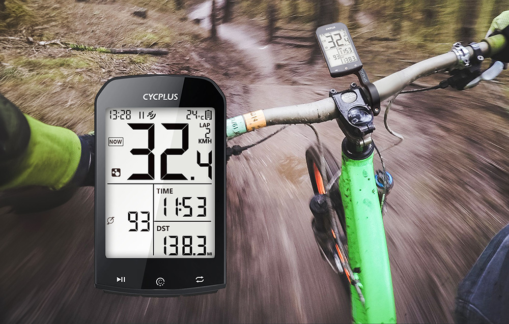 Licznik rowerowy Cycplus M1 ze schematem pokazującym mnogość dostarczanych parametrów podczas jazdy.