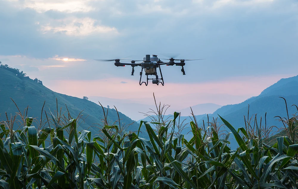 Operator w kasku sterujący dronem rolniczym – kontrola misji i parametrów aplikacji w terenie.
