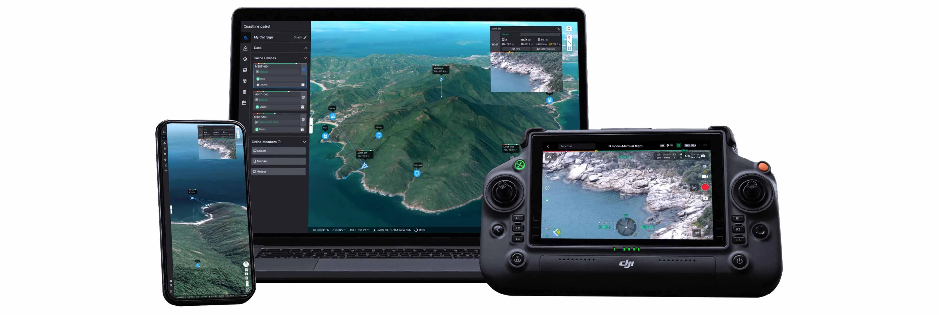 DJI FlightHub 2 widoczny na laptopie, kontrolerze lotu i smartfonie