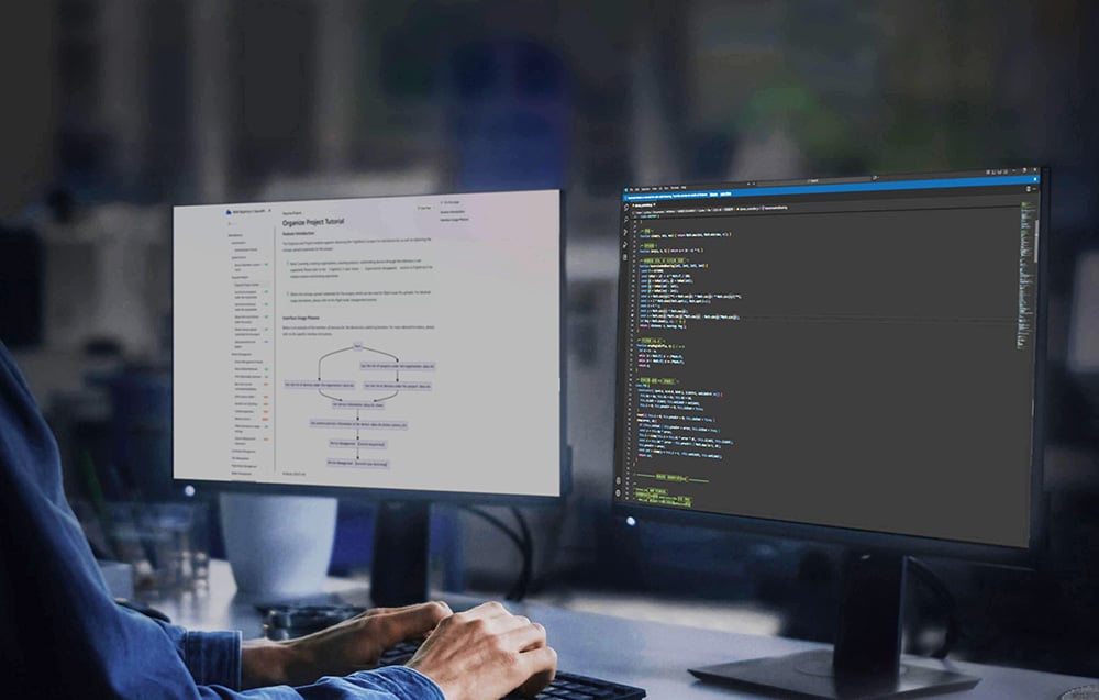 Operator pracujący przy dwóch monitorach z mapą i diagramami w centrum kontroli lotów