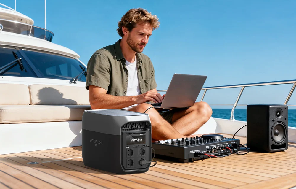 Mężczyzna obsługujący sprzęt muzyczny na jachcie zasilany przez EcoFlow