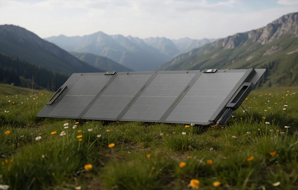 Rozłożony panel fotowoltaiczny EcoFlow 110W na kwiecistej łące z pasmem górskim w tle.