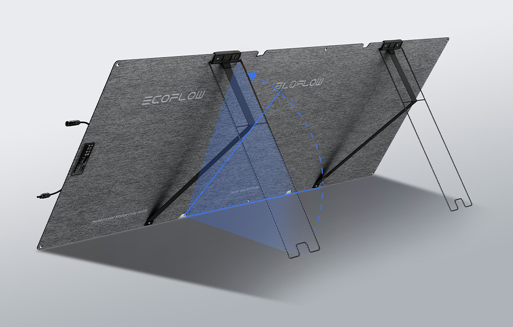 Panel fotowoltaiczny z regulowaną podpórką na szarym tle