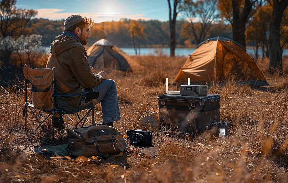 Mężczyzna na biwaku siedzący przy namiocie, z aparatem fotograficznym i stacją EcoFlow RIVER 3 UPS ustawioną na skrzyni
