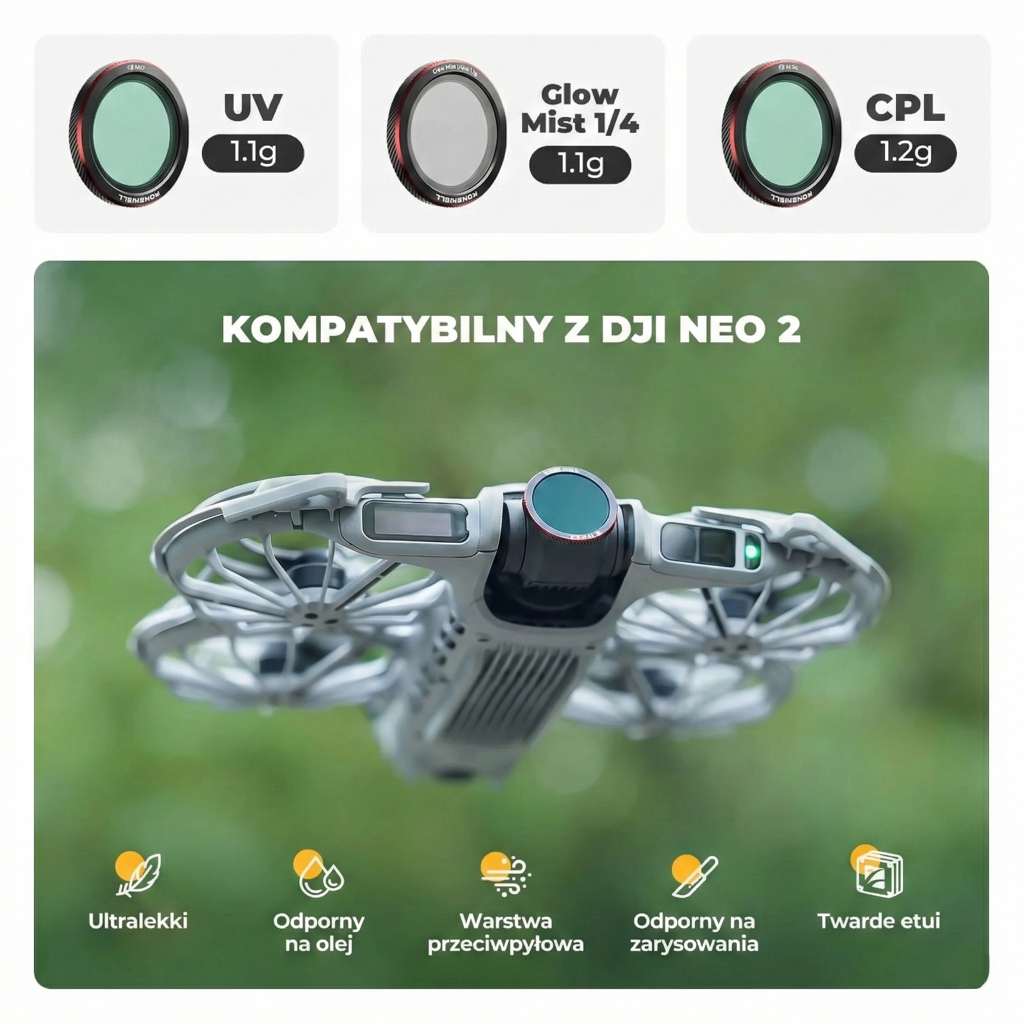 Główne cechy filtrów Freewell: kompatybilność DJI Neo 2, ultralekkość i powłoki ochronne