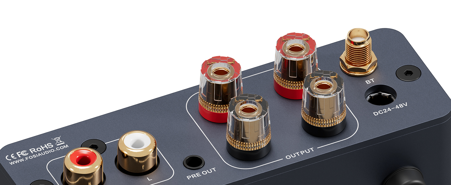 Fosi Audio BT20A Pro – panel przedni; pokrętła głośności, treble/bass i wskaźniki