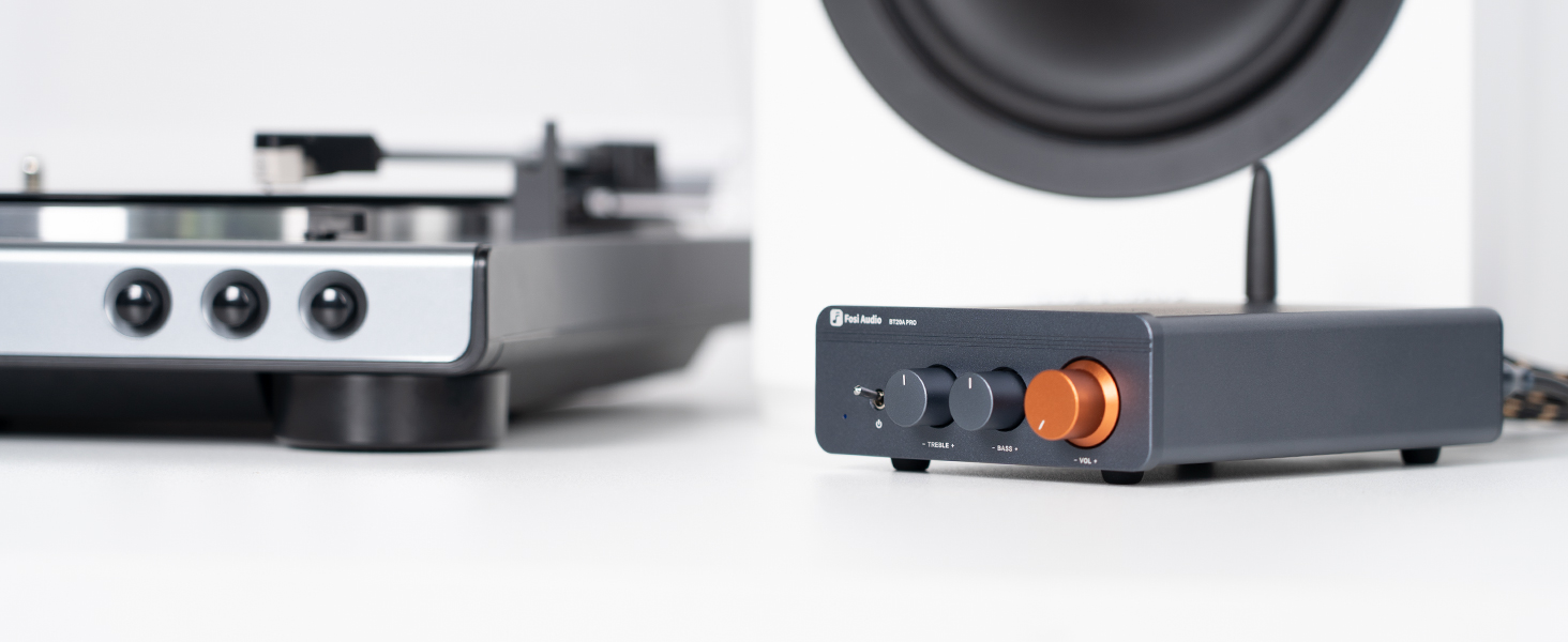 Fosi Audio BT20A Pro – wzmacniacz stereo Bluetooth 5.0 z regulacją tonów i wyjściem PRE-OUT; widok ogólny