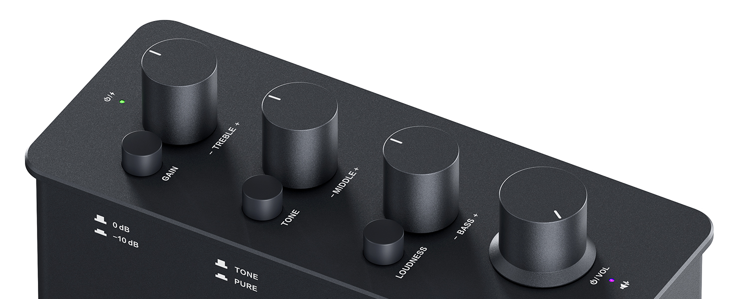 Fosi Audio SK01 – zestaw przycisków: TONE/PURE, Loudness, przełącznik gain; ergonomia panelu