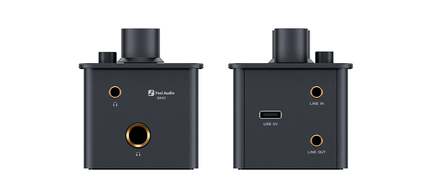 Fosi Audio SK01 – panel przedni i tylny; wejście Line In 3.5 mm i wyjście Line Out 3.5 mm