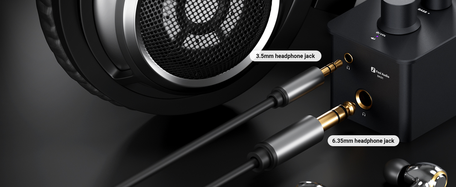 Fosi Audio SK01 – kompatybilność ze słuchawkami 3.5 mm i 6.35 mm, obsługa modeli 16–300 Ω
