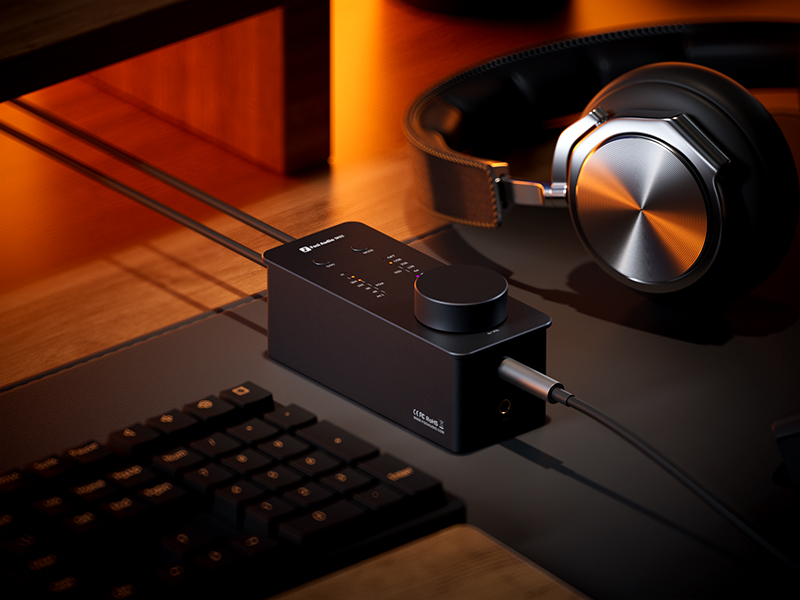 Fosi Audio SK02 – panel frontowy z pokrętłem głośności, przełącznikami trybów i gniazdami 3.5 mm oraz 4.4 mm