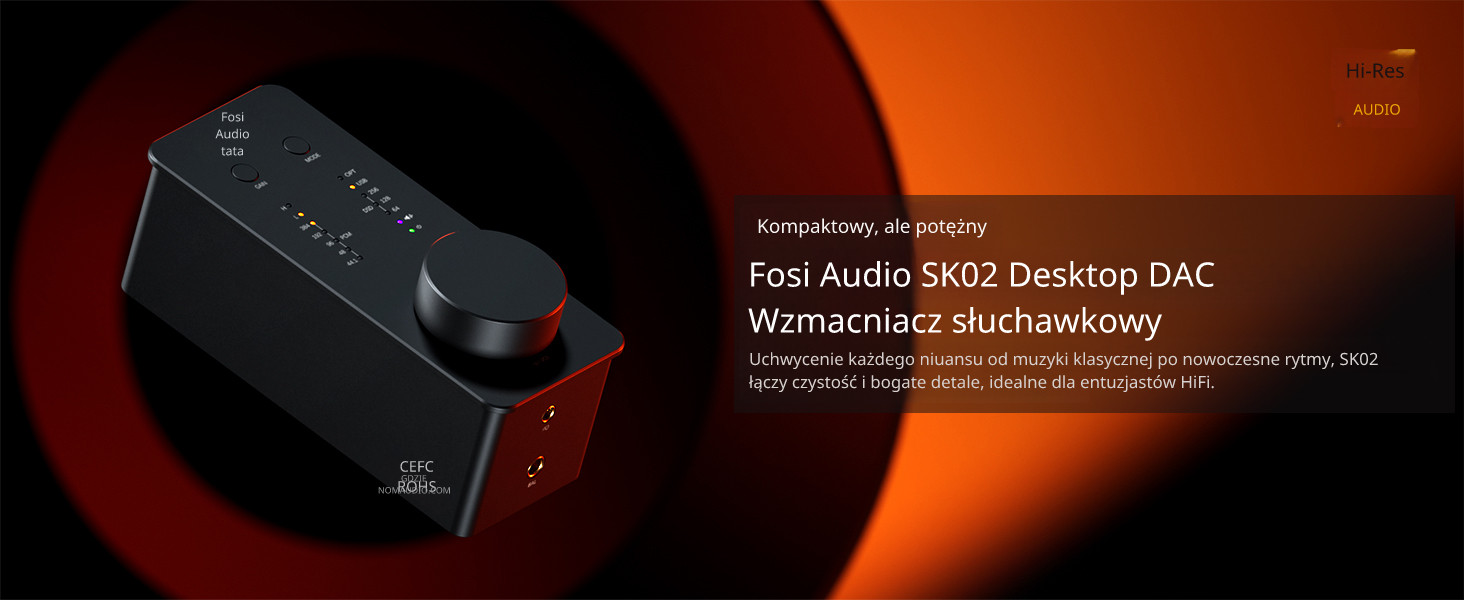 Fosi Audio SK02 – kompaktowy DAC i wzmacniacz słuchawkowy desktopowy z wyjściem 4.4 mm i 3.5 mm, widok ogólny