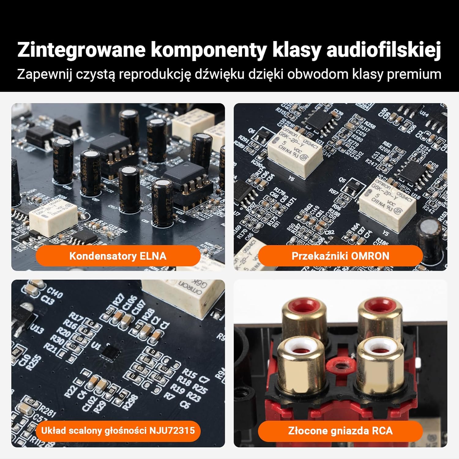 Widok wewnętrznych komponentów na płytce PCB w tym kondensatorów ELNA i portów RCA