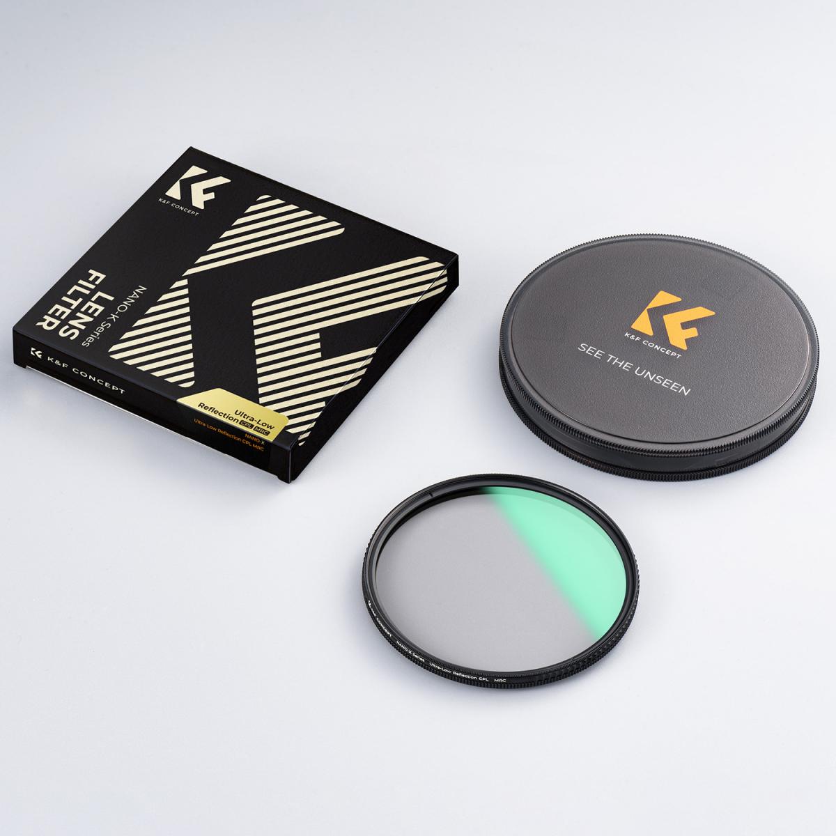 Kompletny zestaw K&F Concept z filtrem CPL 77mm oraz sztywnym, ochronnym pudełkiem z tworzywa sztucznego.