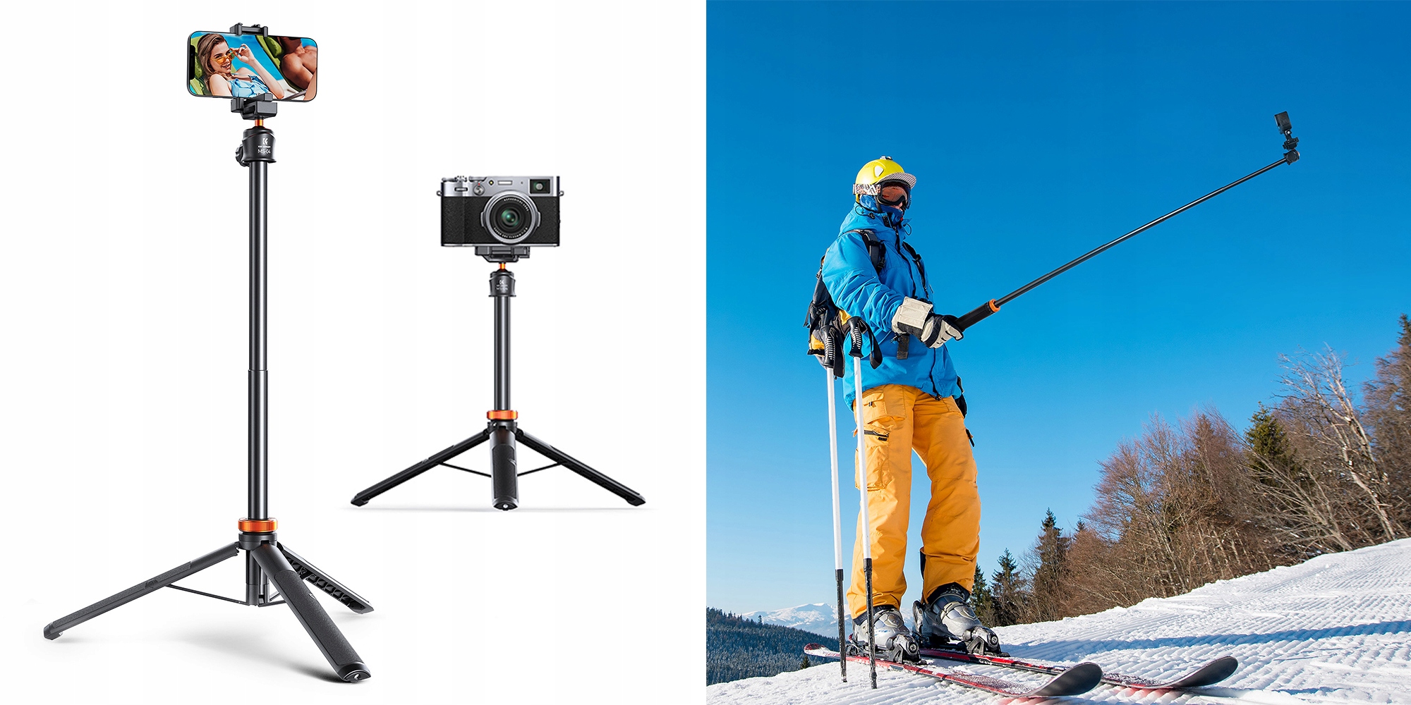 Statyw K&F Concept z telefonem i kamerą GoPro