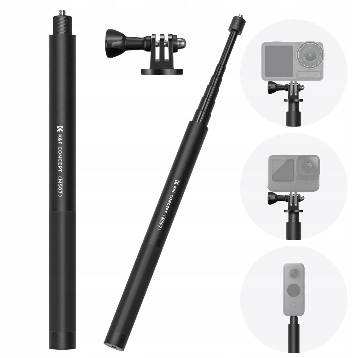 Teleskopowy aluminiowy monopod K&F Concept o maksymalnej długości 153 centymetrów z mocowaniem dla kamer sportowych.