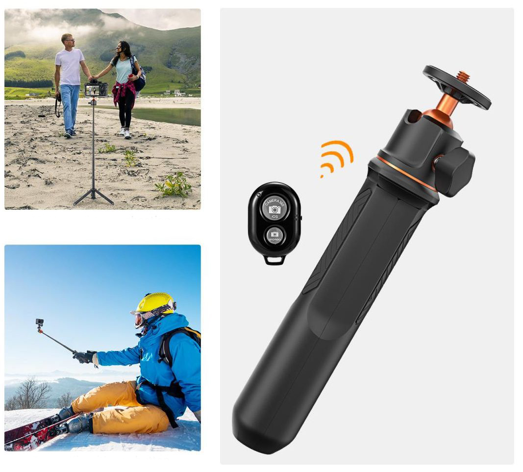 Demontowany pilot bezprzewodowy Bluetooth 5.2 umieszczony w centralnej części rączki kijka Selfie Stick.