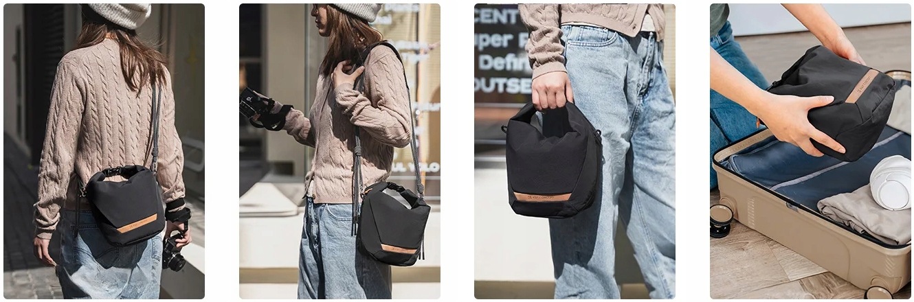 Różne sposoby noszenia torby fotograficznej K&F Concept w tym na ramieniu i crossbody.