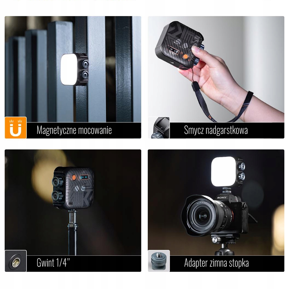Mobilna lampa wideo z wbudowanym akumulatorem 2000 mAh i uniwersalnym gwintem mocującym 1/4 cala.